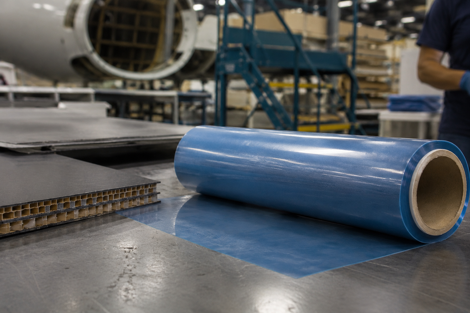 Makobond AF-1300 high-temperature film adhesive used in advanced composite manufacturing, shown alongside honeycomb core panels and aerospace structures for extreme-performance applications.