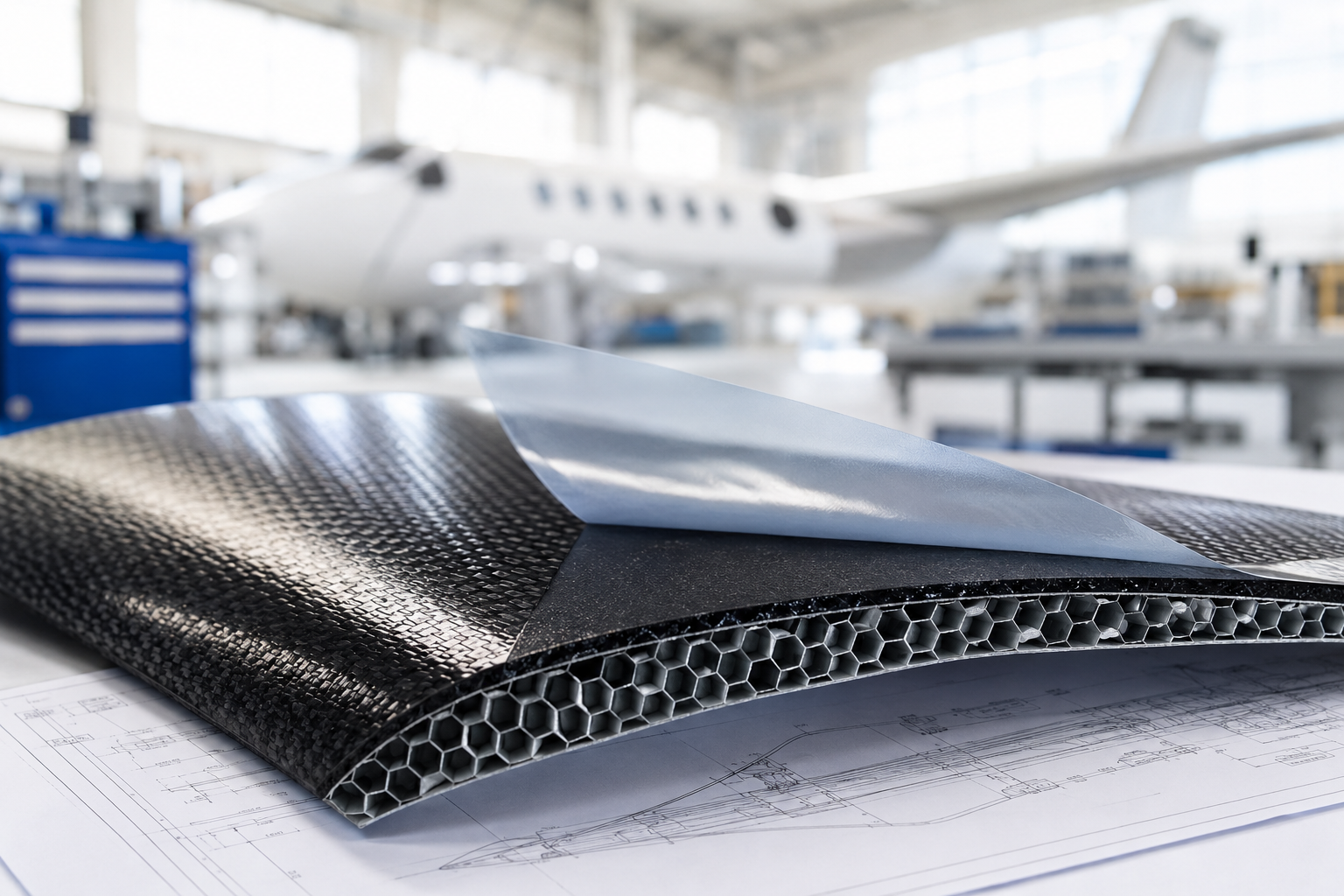 Close-up of a lightweight honeycomb composite panel with carbon fiber face sheets and a damping adhesive film layer, displayed on engineering blueprints inside a modern aerospace manufacturing facility with a blurred aircraft in the background. The image 