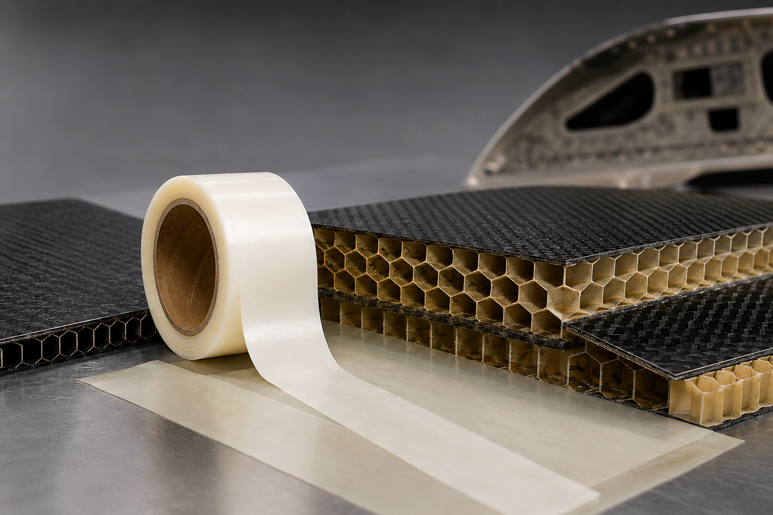 Close-up of a lightweight honeycomb composite sandwich panel with carbon fiber face sheets and an expanding adhesive film roll on a metal workbench, illustrating lightweight core splice bonding materials used in advanced aerospace and composite manufactur
