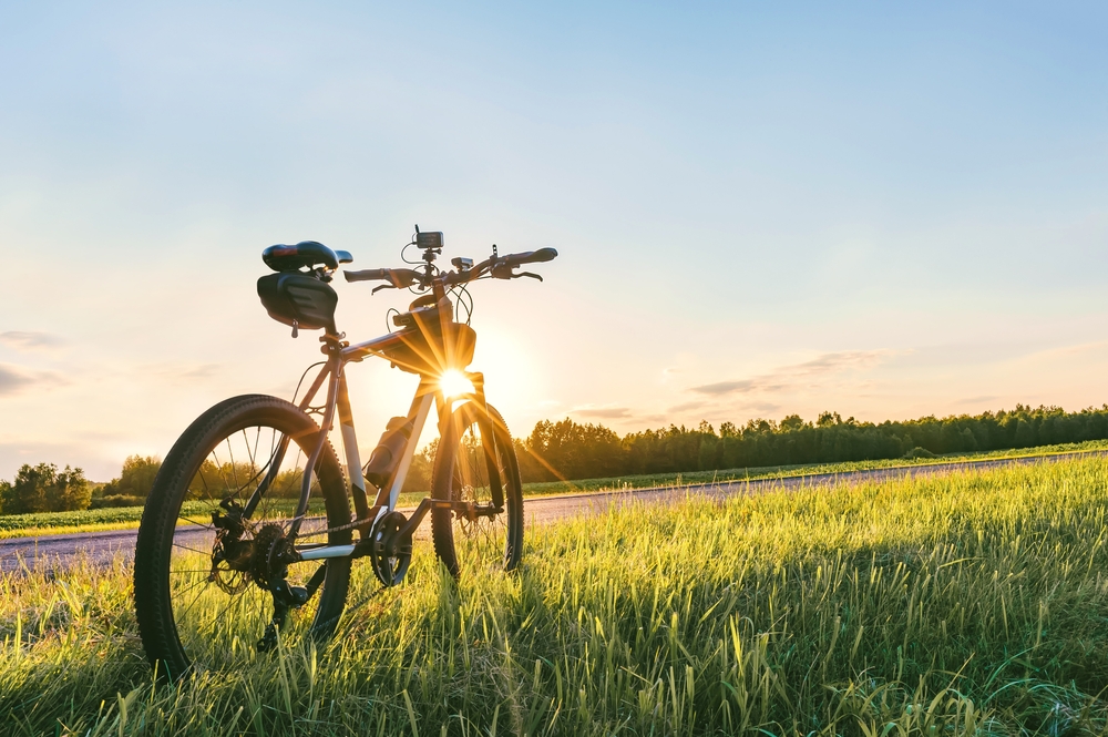 A bicycle with fiber orientation upright in the grass with a sunset background